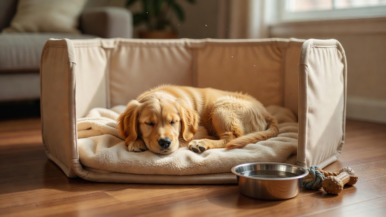 客厅围栏内的金毛幼犬趴在带气味的窝垫上，旁边放着水碗与咬胶玩具